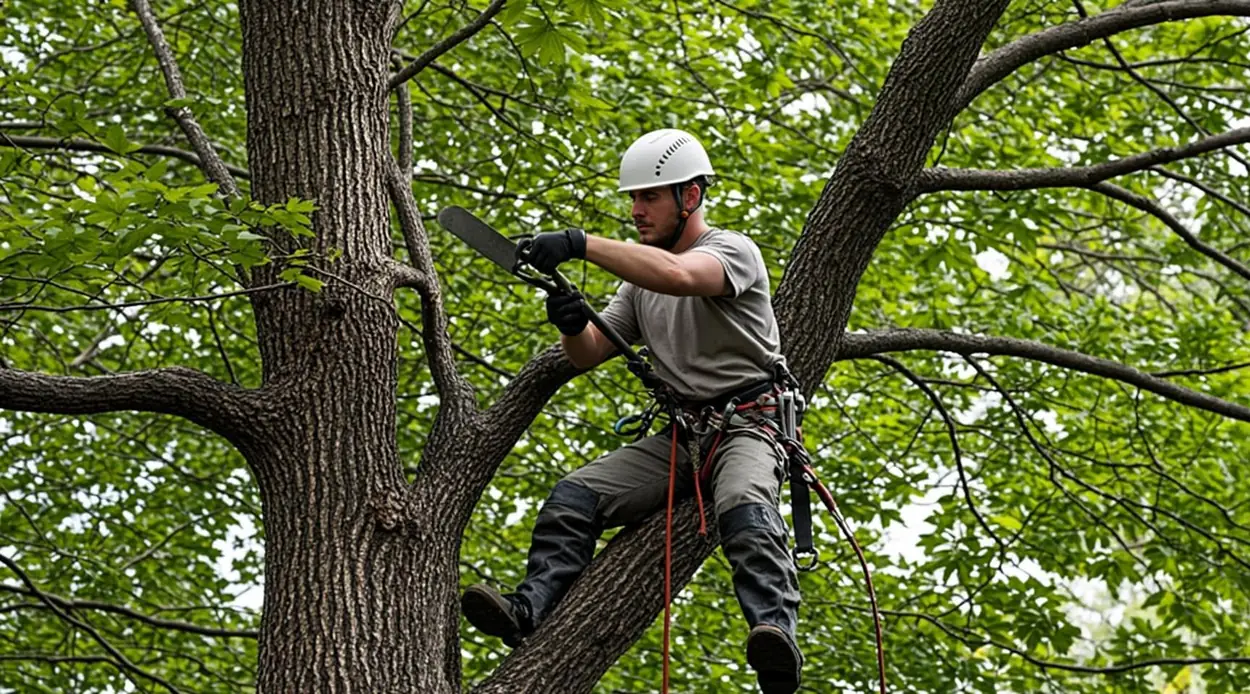 Un élagueur taille un érable mature dans une cour de Sherbrooke
