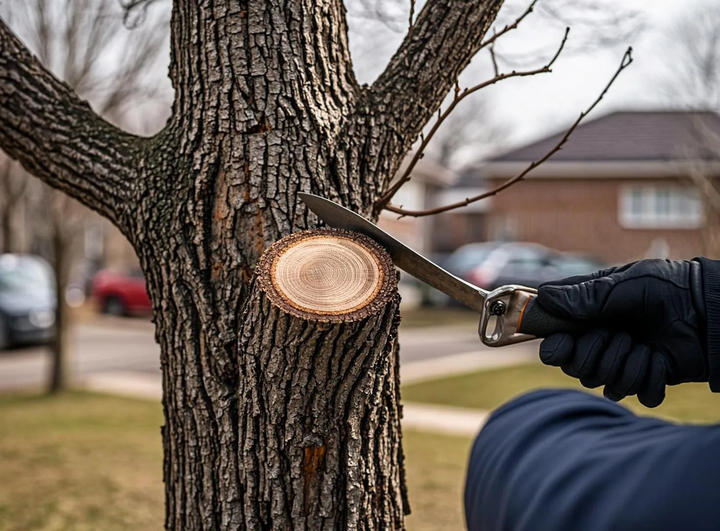 Dégagement des fils, des toitures et des entrées avant que la branche ne devienne un problème. Coupes préventives en fin d'automne, quand la dormance rend la taille propre.