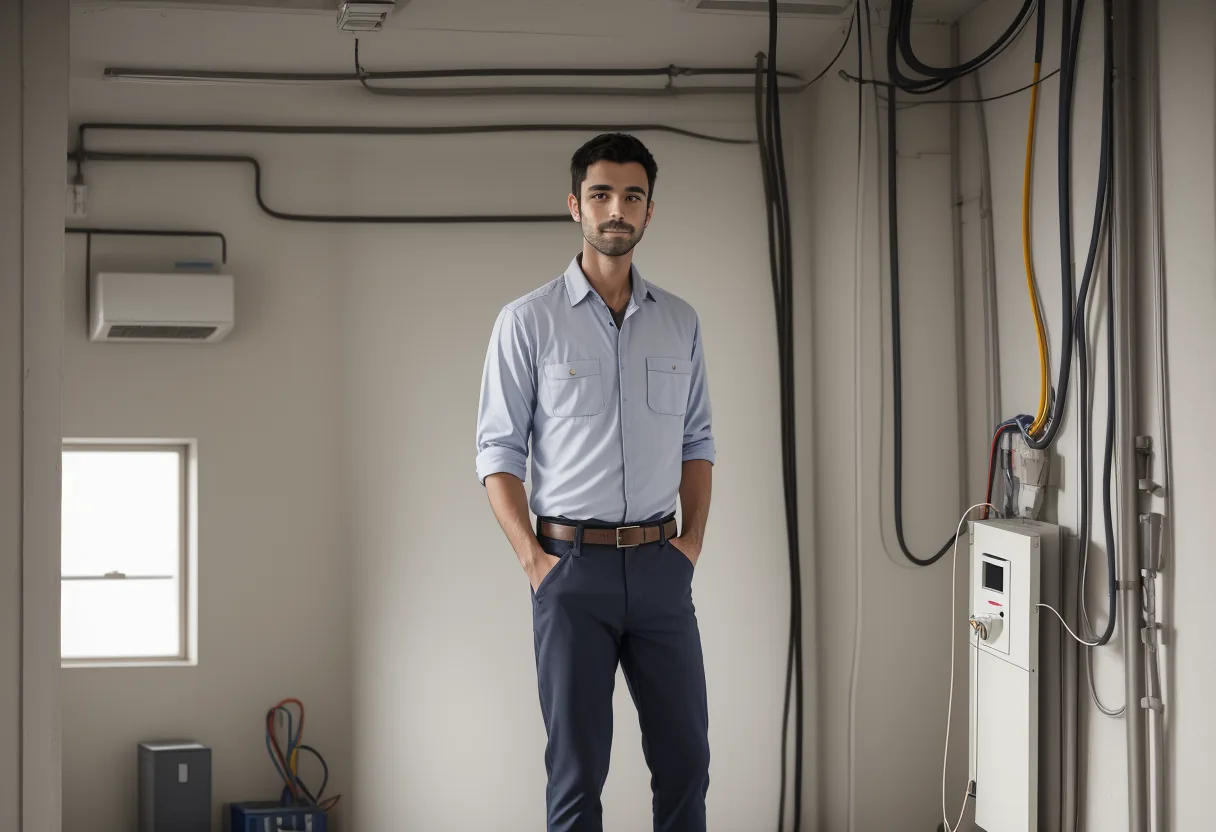 Un électricien de Ligne Vive au travail dans une salle mécanique