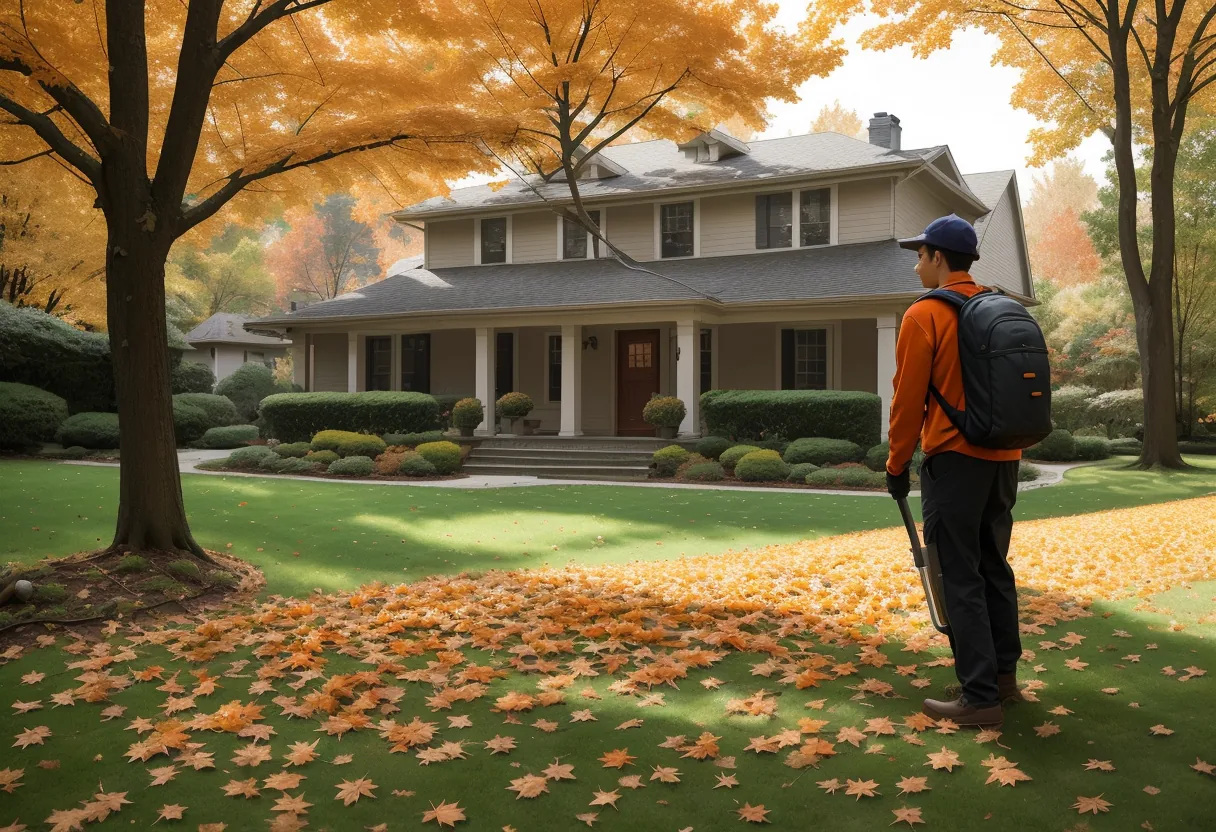 Feuilles d&rsquo;érable soufflées en andains sur une pelouse